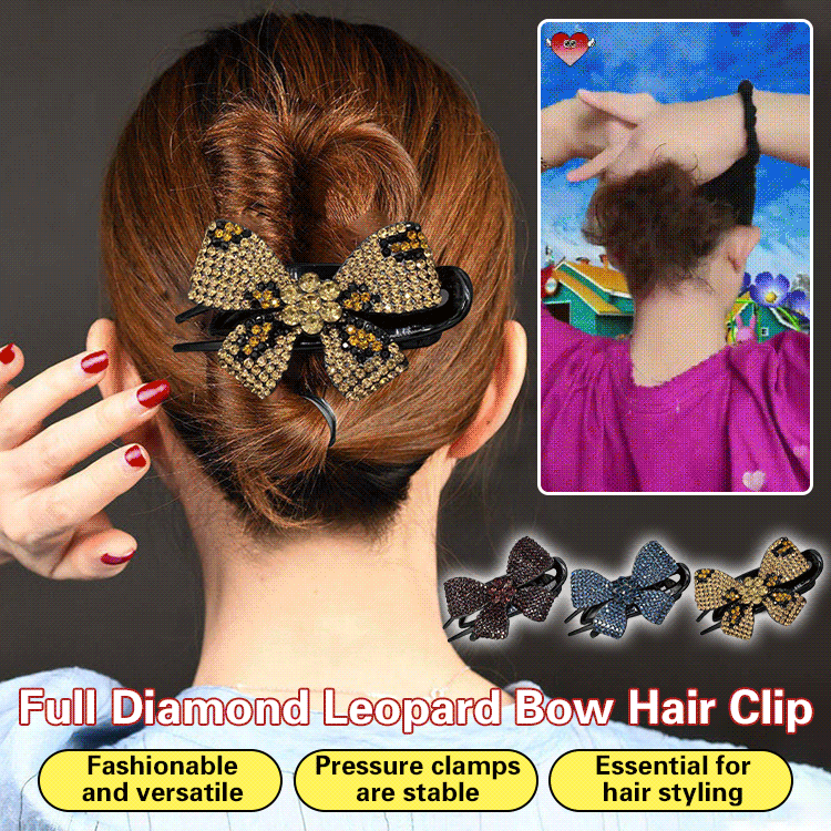 Diamond leopard print bow duckbill hairpin